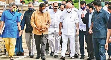 Chief Minister B S Yediyurappa comes out of Vidhana Soudha after presenting the CM’s medal to officers of state Forests, Wildlife and Environment Department | Shriram BN