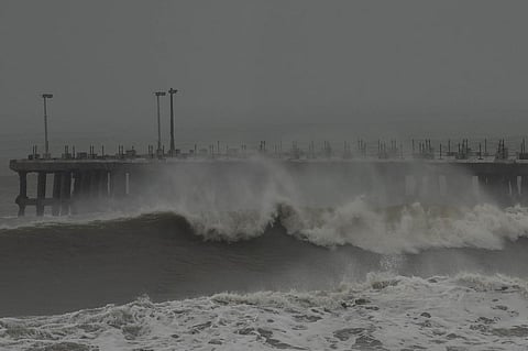 Giant waves hit Puducherry coast on wednesday before the landfall of cyclone Nivar (Photo |EPS/G Pattabi Raman)