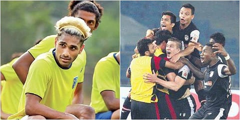 Kerala Blasters (L) and NorthEast United FC (File photo| PTI and Twitter)