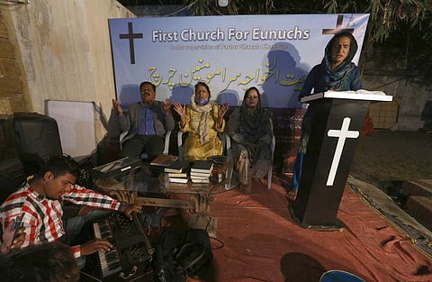 Nisara Gill, right, leads a prayer service at Pakistan's first church for transgender worshippers, in Karachi, Pakistan, Friday, Nov. 13, 2020. (Photo | AP)