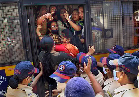 Maharashtra Navnirman Sena (MNS) workers detained by police during their protest march. (Photo| PTI)