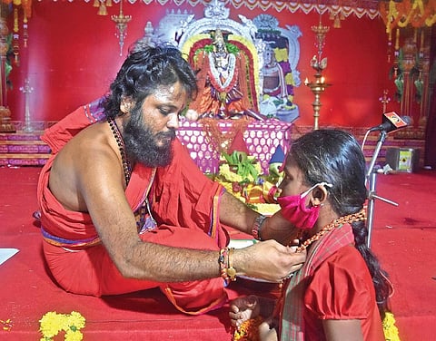 Devotees take Bhavani deeksha at Durga temple in Vijayawada I P Ravindra Babu