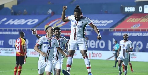 Roy Krishna after scoring ATK Mohun Bagan's first goal against SC East Bengal in the ISL match on Friday | Sportzpics