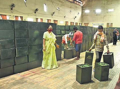 Ballot boxes being shifted to different election centres ahead of GHMC polls in Hyderabad on Thursday | R V K Rao