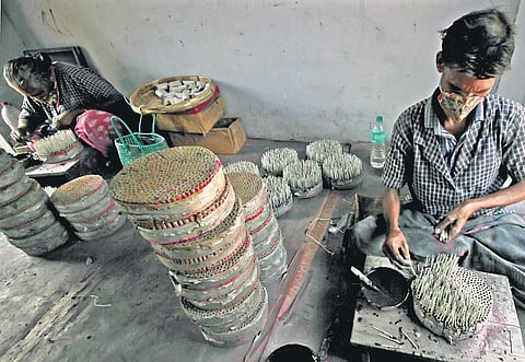 Work in progress at a fireworks factory  in Nallur near Sivakasi. (Photo | KK Sundar, EPS)