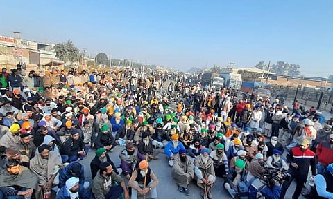 Farmers protesting at Singhu border in New Delhi on Saturday. (Photo | EPS/Shekhar Yadav)