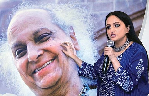 Durga Jasraj, Pt Jasraj Illustrious daughter; unveiling a new logo of Pt Motiramji Pt Maniramji 48th Sangeet Samaroha to be hosted on November 29 and 30. (Express | EPS/S Senbagapandiyan)