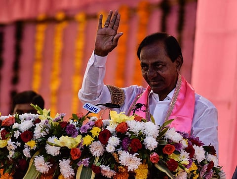 TRS supremo and CM K Chandrasekhar Rao addressing an election campaign meeting ahead of the GHMC elections at L.B. Stadium in Hyderabad on Saturday (Photo | Vinay Madapu)