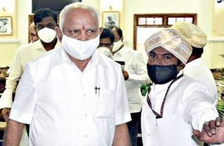 Chief Minister B S Yediyurappa arrives for the cabinet meeting at Vidhana Soudha on Friday | NAGARAJA GADEKAL