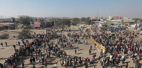 Farmers shouting slogans during their Delhi Chalo protest against Centres new farm laws at Singhu Border in New Delhi on Saturday. (Photo | Shekhar Yadav/EPS)