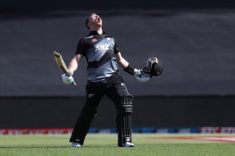New Zealand’s Glenn Phillips celebrates his century during the second Twenty20 International cricket match. (Photo | AFP)