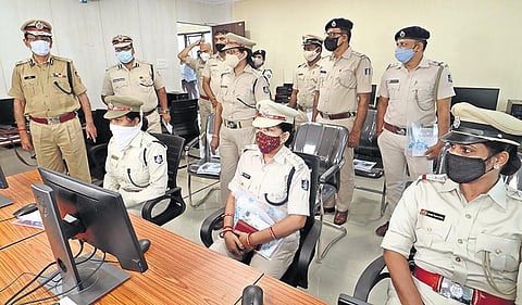 DGP Abhay with senior officials at the cyber crime training centre in Bhubaneswar on Monday. (Photo | EPS/Irfana)