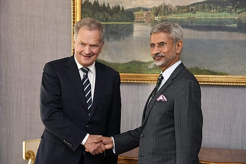Finland's President Sauli Niinisto, left. welcomes India's Minister of External Affairs Subrahmanyam Jaishankar at the Presidential Castle in Helsinki, Finland. (Photo | AP)