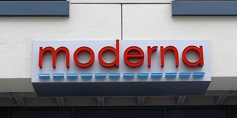 A sign marks an entrance to a Moderna, Inc., building, in Cambridge. (File photo| AP)