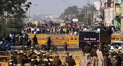 Security personnel stand guard at Singhu border during farmers Delhi Chalo protest march. (Photo | Parveen Negi/EPS)