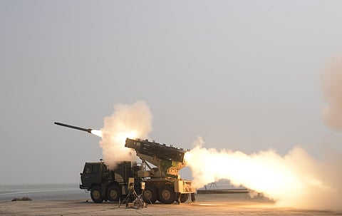 The enhanced range version of Pinaka rocket being test-fired from ITR off Odisha coast (Photo | EPS)