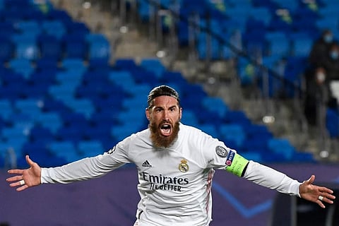 Real Madrid's Spanish defender Sergio Ramos celebrates his goal. (Photo | AFP)