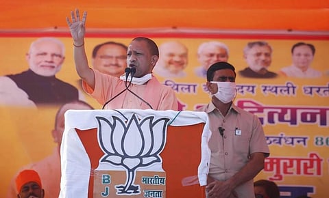 Uttar Pradesh Chief Minister Yogi Adityanath addresses an election rally in Darbhanga district of Bihar Wednesday Nov. 4 2020. (Photo | PTI)