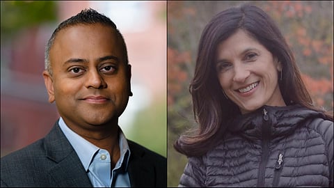 Indian origin candidates Rikin Mehta and Sara Gideon who ran the Senate race in the 2020 US elections. (Photo | Official Campaign Website)