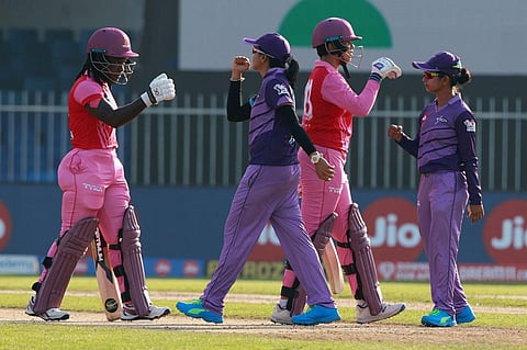 Deandra Dottin of the Trailblazers and Richa Ghosh of Trailblazers after winning the match (Photo | www.ipl.com)
