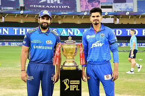 MI Captain Rohith Sharma and DC Captain Shreyas Iyer during the qualifier 1 match of season 13 of the Dream 11 Indian Premier League (Photo | www.ipl.com)