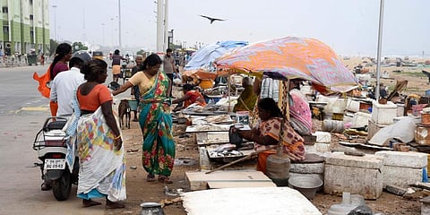 Fish vendors along the Loop Road on the Marina.(Photo | R Satish Babu, EPS)