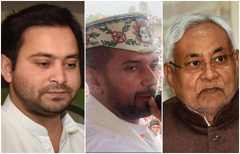(L) RJD chief Tejashwi Yadav, (M) LJP chief Chirag Paswan and JDU chief Nitish Kumar. (Photo| PTI)