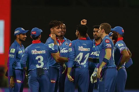 Marcus Stoinis of Delhi Capitals celebrates the wicket of Priyam Garg of Sunrisers Hyderabad during the qualifier 2 match. (Photo | IPLT20/BCCI)