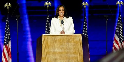 Vice President-elect Kamala Harris speaking in Wilmington. (Photo | AP)