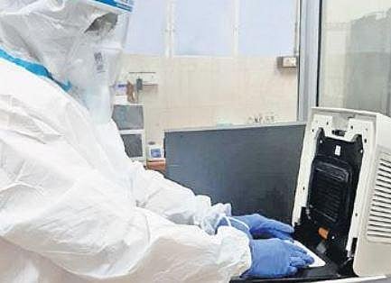 A microbiologist testing the samples at Stanley Government Hospital 