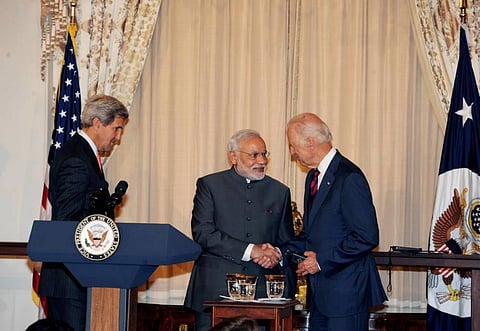 In this Oct. 1 2014 file image Prime Minister Narendra Modi greets the then US Vice President Joe Biden in Washington DC. (Photo | PTI)