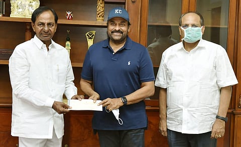 Telangana CM Chandrasekhar Rao and actor- politician Chiranjeevi had met last week where both the star and the CM are seen without masks (Photo | Twitter)