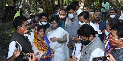 Odisha BJP leader Pradipta Naik meets the parents of Nayagarh minor murder victim. (Photo| Twitter/ @pradiptanaikbjp)