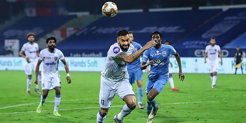 Eli Sabia of Chennaiyin FC in action during the ISL match against Mumbai City FC at the GMC Stadium Bambolim in Goa. (Photo | PTI)