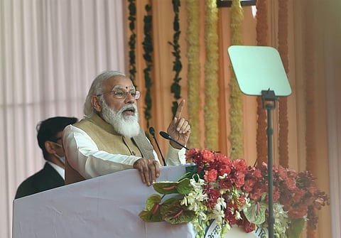 Prime Minister Narendra Modi addresses during the foundation stone laying ceremony of New Parliament Building in New Delhi. (Photo | PTI)