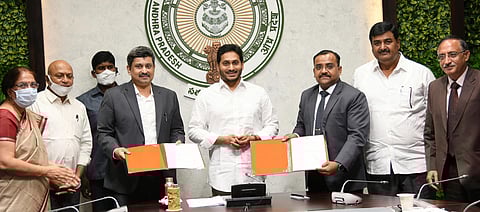 State government exchanges an MoU with the Survey of India in the presence of the CM in Tadepalli on Wednesday. (Photo | EPS)