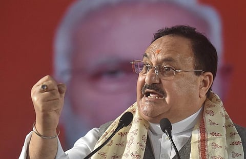 BJP National President JP Nadda addresses 'Karyakarta' meeting at Radio Station Ground Diamond Harbour in South 24 Pargana district Thursday. (Photo | PTI)