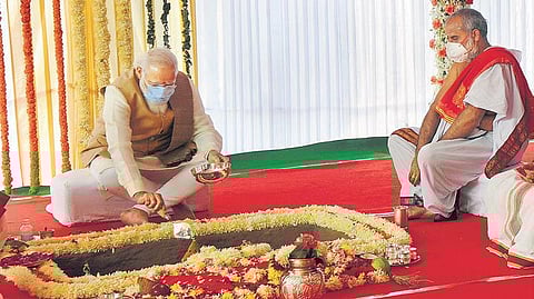 Prime Minister Narendra Modi lays the foundation stone for a new Parliament building as part of the Central Vista project, in New Delhi on Thursday | PTI