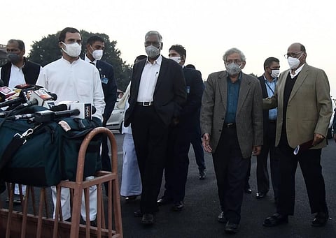 Opposition leaders Rahul Gandhi, Sharad Pawar, D Raja, Sitaram Yechuri and others coming out after meeting President at Rashtrapati Bhawan in New Delhi on Wednesday. (Photo | Parveen Negi/EPS)