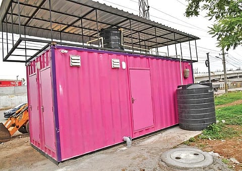 A model of the pink public toilet being built by the GHMC.