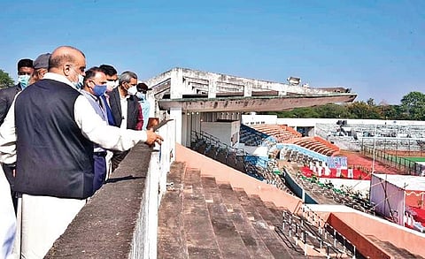 The visiting officials inspecting a stadium in Rourkela on Friday | Express