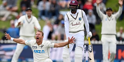 New Zealand's Neil Wagner appeals unsuccessfully for a LBW decision on West Indies' Shamarh Brooks on Day 3 of their 2nd Test in Wellington. (File photo| AP)
