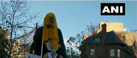 Pro-Khalistani supporters hung a dummy of Prime Minister Narendra Modi's picture with a rope around the neck of the statue. (Photo | ANI Twitter)