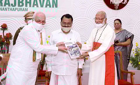 Governor Arif Mohammed Khan releases the book, ‘Justice For All, Prejudice To None’, authored by Mizoram Governor P S Sreedharan Pillai. (Photo | Express)