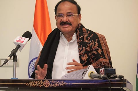 Vice President Venkaiah Naidu speaking at the virtual inauguration of the 12th Green Rating for Integrated Habitat Assessment Summit from Hyderabad on Tuesay. (Photo | EPS/RVK Rao)