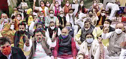 Mayors, councillors and BJP’s MLA assembly poll candidates stage dharna outside CM’s house in Civil Lines. (File Photo | EPS)