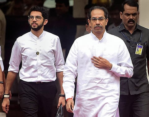 Maharashtra CM Uddhav Thackeray along with his son and minister Aaditya Thackeray arrives at the State Assembly in Mumbai Wednesday Jan. 8 2020. (File | PTI)