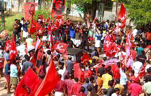 LDF workers celebrating infront of counting station at Koyilandy in kozhikode. (Photo | T P Sooraj, EPS)