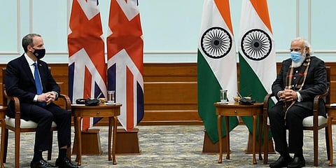 UK Foreign Secretary Dominic Raab (L) and PM Narendra Modi (Photo| Twitter/ @MEAIndia)