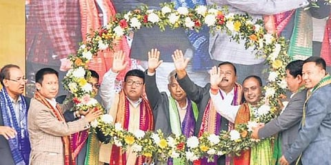 Promod Bodo being felicitated after his swearing in at Kokrajhar on Tuesday. (Photo | PTI)